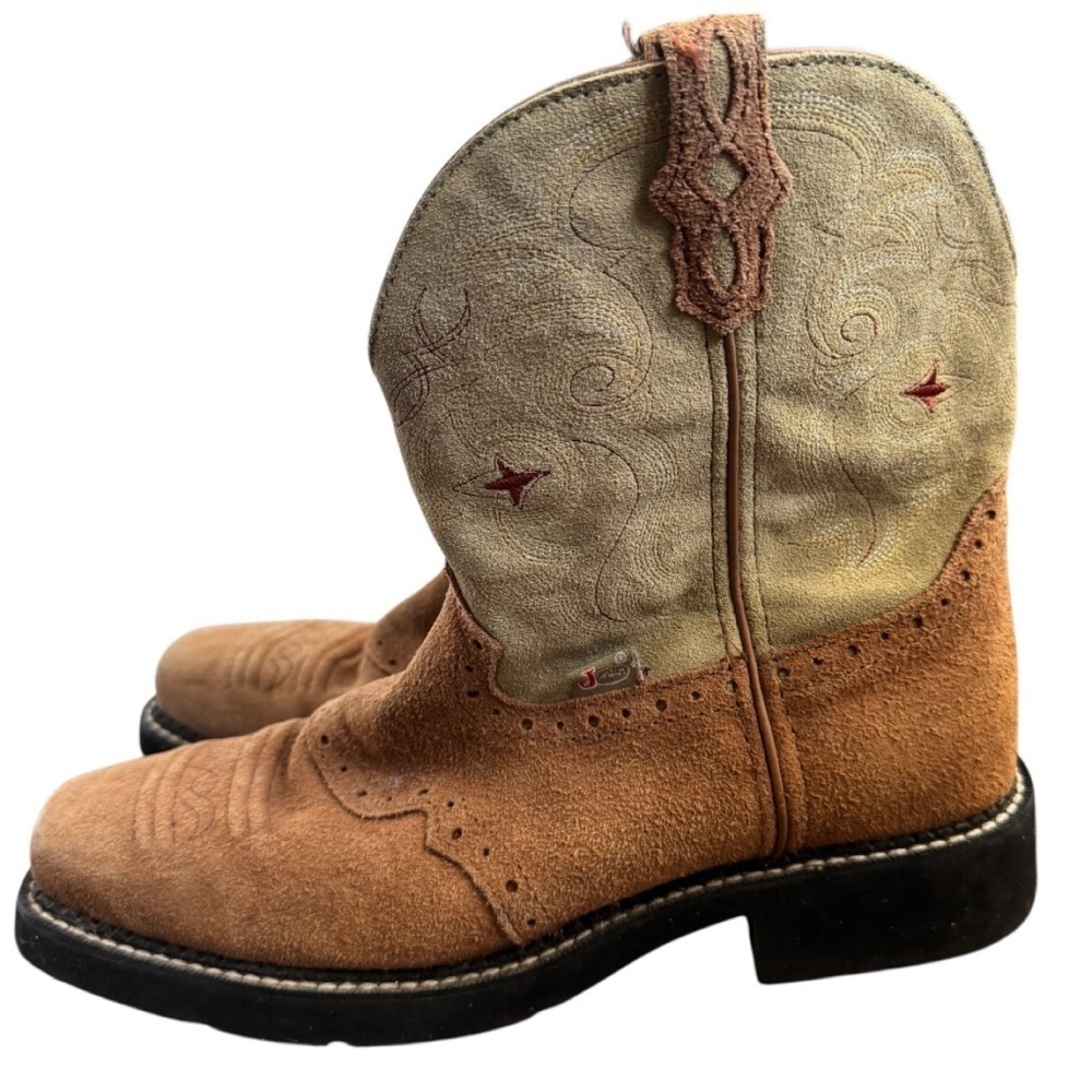 Justin Gypsy Tan and Cream Suede Western Boots Size 9.5
